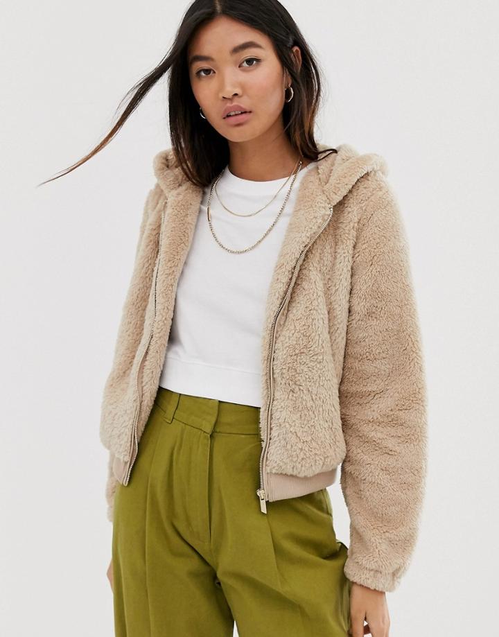 Only Zip Through Fleece Hooded Bomber - Beige