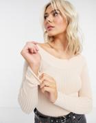 Brave Soul Ribbed Bardot Knitted Top In Pink