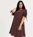 Glamorous Curve Mini Tea Dress With Tie Sleeves In Ditsy Vintage Floral-red