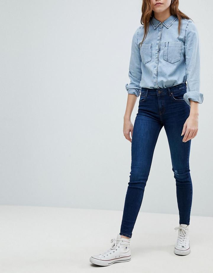 Bershka Worn Knee Skinny Jeans - Blue