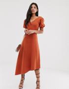 Asos Design Super Soft Puff Sleeve V Back Midi Dress With Asymmetric Hem - Orange