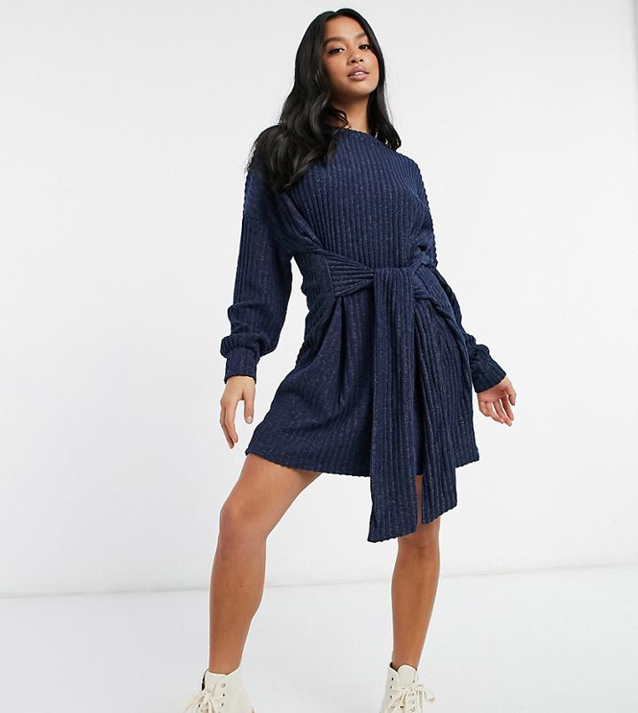 Asos Design Petite Tie Waist Brushed Rib Mini Dress In Navy