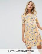 Asos Maternity Tall Cut Out Shoulder 40's Printed Tea Dress In Yellow Floral Print - Yellow