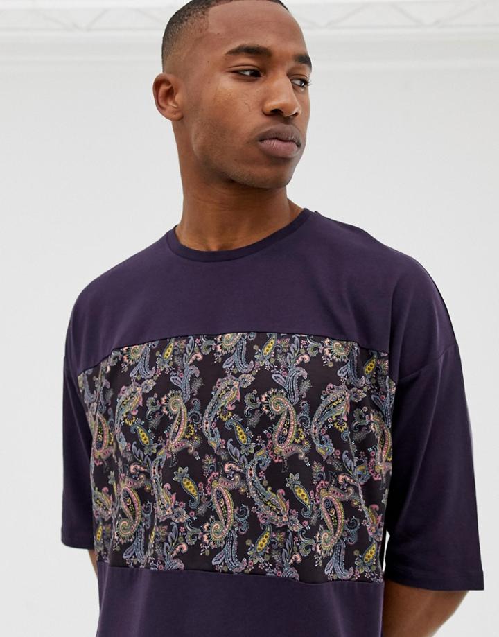 Asos Design Oversized T-shirt With Paisley Cut And Sew Panel With Half Sleeve - Red