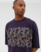 Asos Design Oversized T-shirt With Paisley Cut And Sew Panel With Half Sleeve - Red