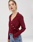 Asos Design Wrap Long Sleeve Top With Asymmetric Button Detail-red