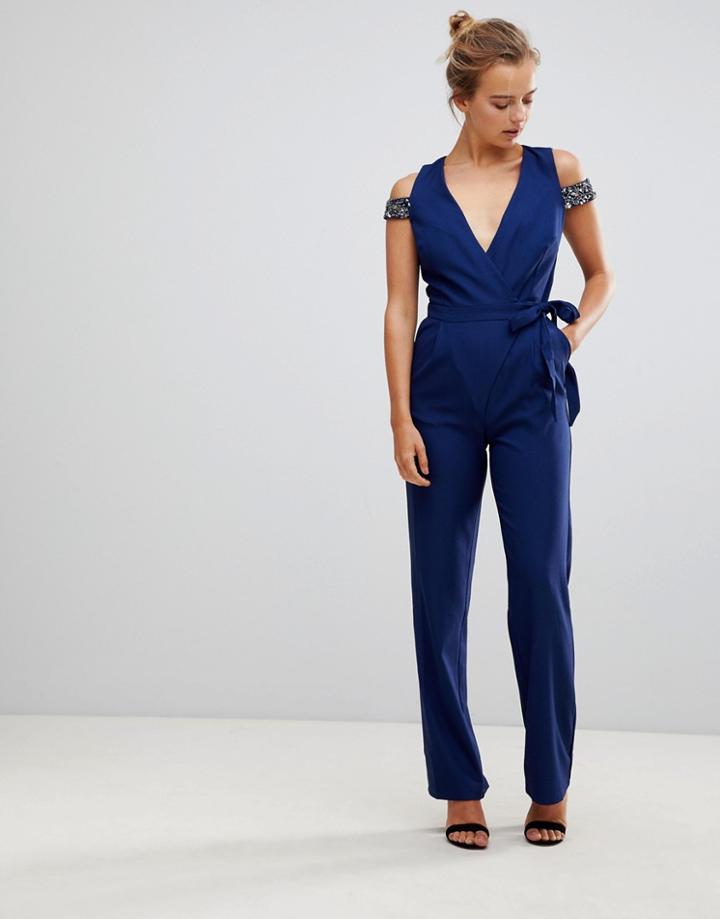 Little Mistress Tailored Jumpsuit With Belt - Navy