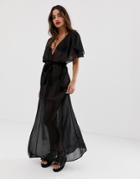 Asos Design Tie Waist Cape Back Chiffon Maxi Beach Dress In Black - Black