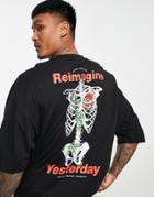 Asos Design Oversized T-shirt In Black With Skeleton Back Print