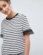 Asos Design Boxy T-shirt With Lace Trim Detail In Stripe - Multi
