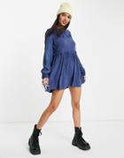 Influence Tie Sleeve Collared Mini Dress In Chambray-blues