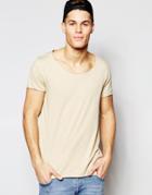 Asos Longline T-shirt With Scoop Neck And Raw Edge In Sand - Warm Sand