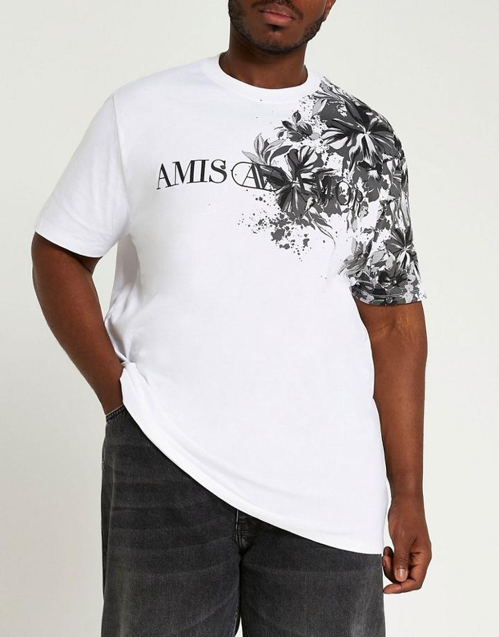 River Island B & T Slim T-shirt With Floral Placement Print In White