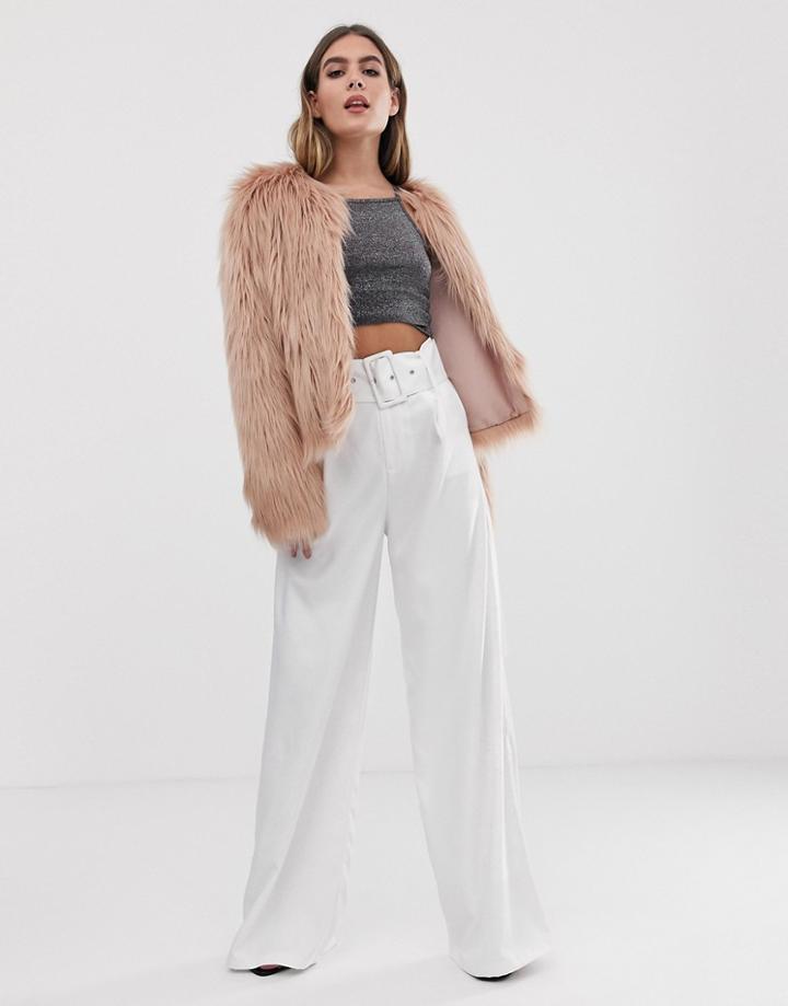 Prettylittlething Wide Leg Belted Pants In White - White