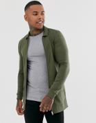 Asos Design Muscle Longline Jersey Harrington Jacket In Khaki-green