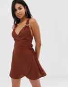 Asos Design Wrap Front Beach Dress With Wooden Look Trim In Chocolate Brown - Brown