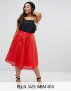 New Look Plus Mesh Stripe Full Midi Skirt - Red