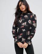 Ax Paris Floral High Neck Top With Frill Sleeve - Black