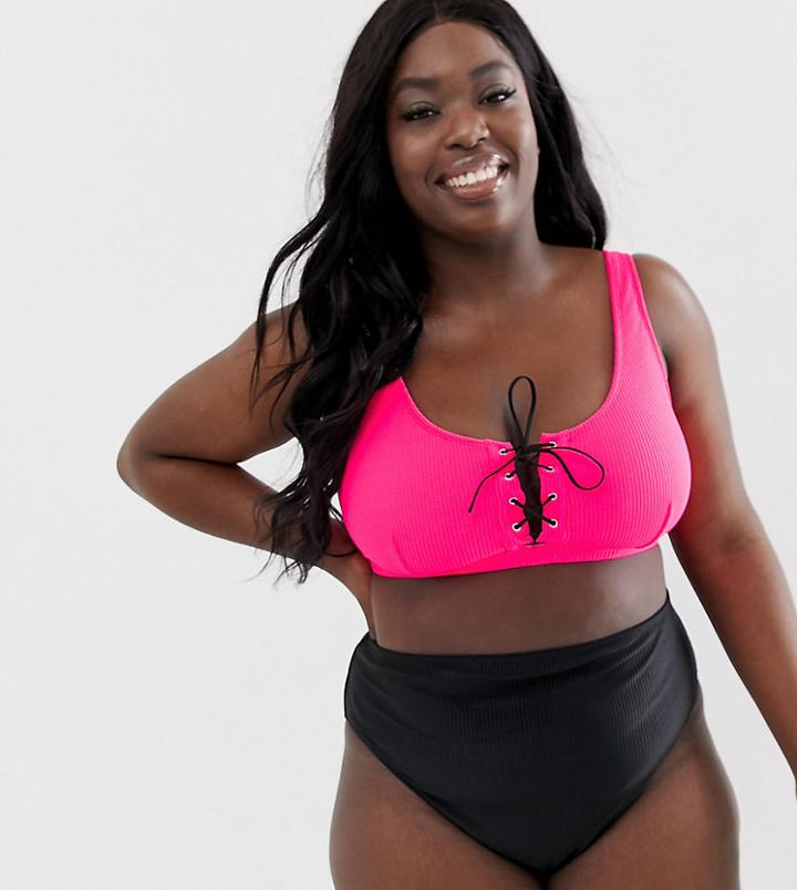 Asos Design Curve Rib Lace Up Crop Bikini Top In Washed Neon Pink