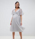 Asos Design Maternity Flutter Sleeve Midi Dress With Pleat Skirt In Embroidery - Multi