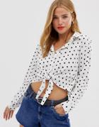 Qed London Tie Front Shirt In Polka Dot-white