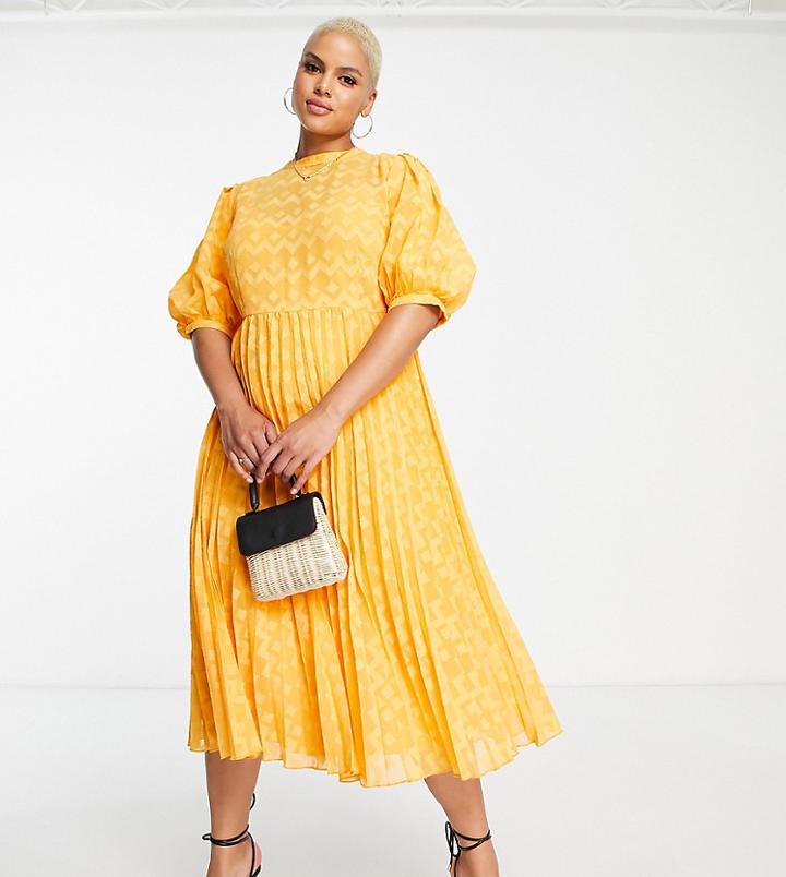 Asos Design Curve High Neck Pleated Chevron Textured Midi Dress With Puff Sleeve In Orange