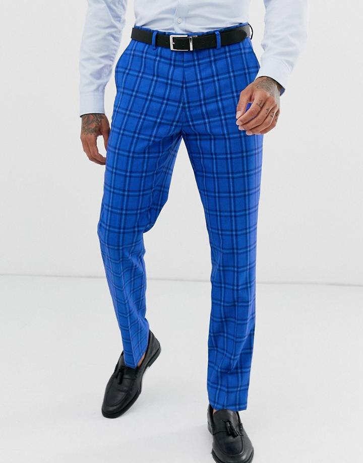 Harry Brown Wedding Slim Fit Bold Blue Check Suit Pants - Blue
