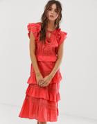 Rd+koko Ruffle Tie Front Dress With Lace Inserts - Pink