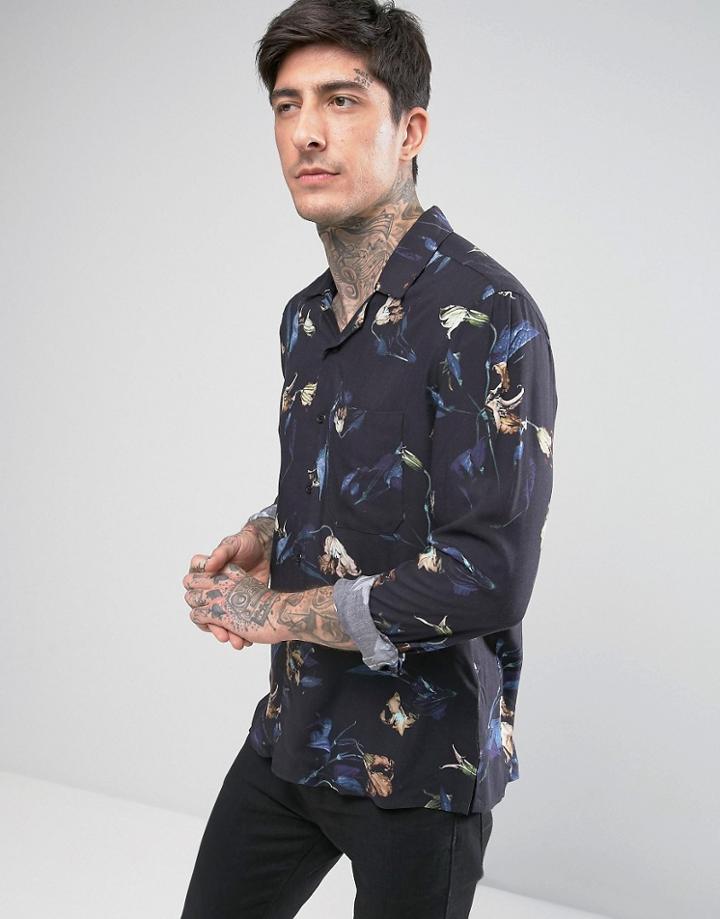 Religion Floral Print Revere Collar Slim Shirt - Navy