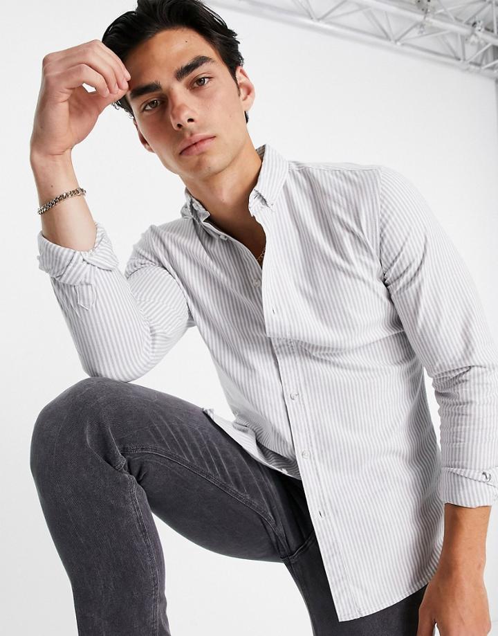 Topman Stripe Oxford Shirt In Gray-grey