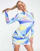 Simmi High Neck Ruched Mini Dress With Tie Side Detail In Geo Multi Print