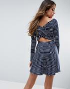 Club L Ribbed Striped Skater Dress With Back Detail - Navy