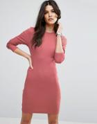 Asos Mini Body-conscious Dress In Rib With Long Sleeves - Red