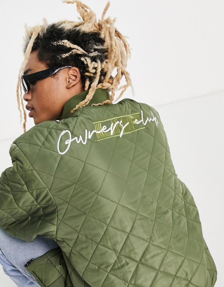 Liquor N Poker Quilted Bomber Jacket In Sage Green With Sleeve Panels