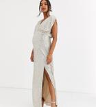 Tfnc Maternity Sequin Wrap Front Maxi Dress In Silver