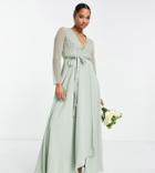 Asos Design Petite Bridesmaids Linear Embellished Bodice Maxi Dress With Wrap Skirt-green