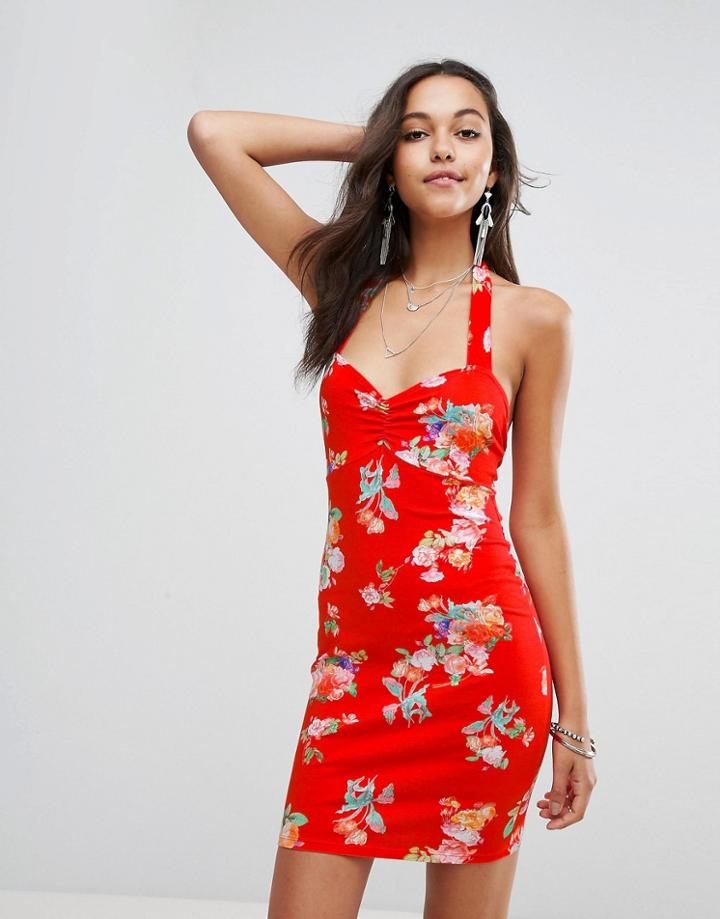 Asos Halter Neck Mini Dress With Ruched Bodice In Red Floral-multi