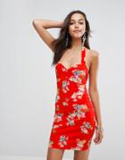 Asos Halter Neck Mini Dress With Ruched Bodice In Red Floral-multi