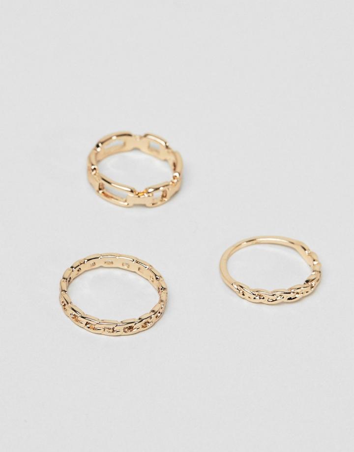 Asos Design Pack Of 3 Rings With Faceted And Twist Detail In Gold - Gold