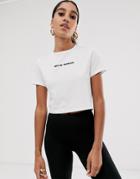 Asos Design Cropped Cap Sleeve Top With Not My Problem Embroidery - White
