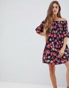 Daisy Street Off Shoulder Dress With Shirring In Floral Print - Multi