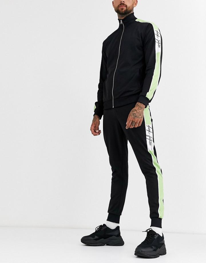 Asos Design Two-piece Skinny Sweatpants In Polytricot In Black With Dark Future Logo & Mint Side Stripe