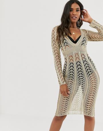 Sorelle Uk Knitted Shimmer Plunge Front Midaxi Dress In Gold