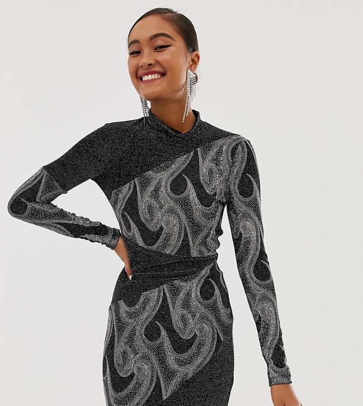 Miss Selfridge High Neck Glitter Bodycon In Black-silver