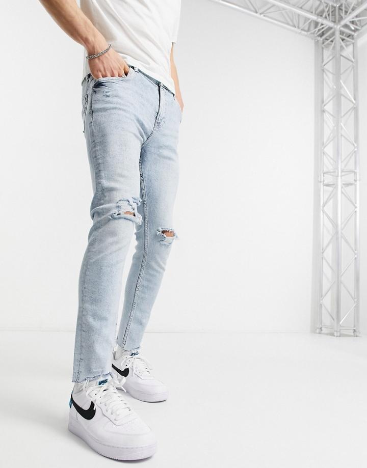 Bershka Super Skinny Fit Jeans In Light Blue Wash With Rips-blues