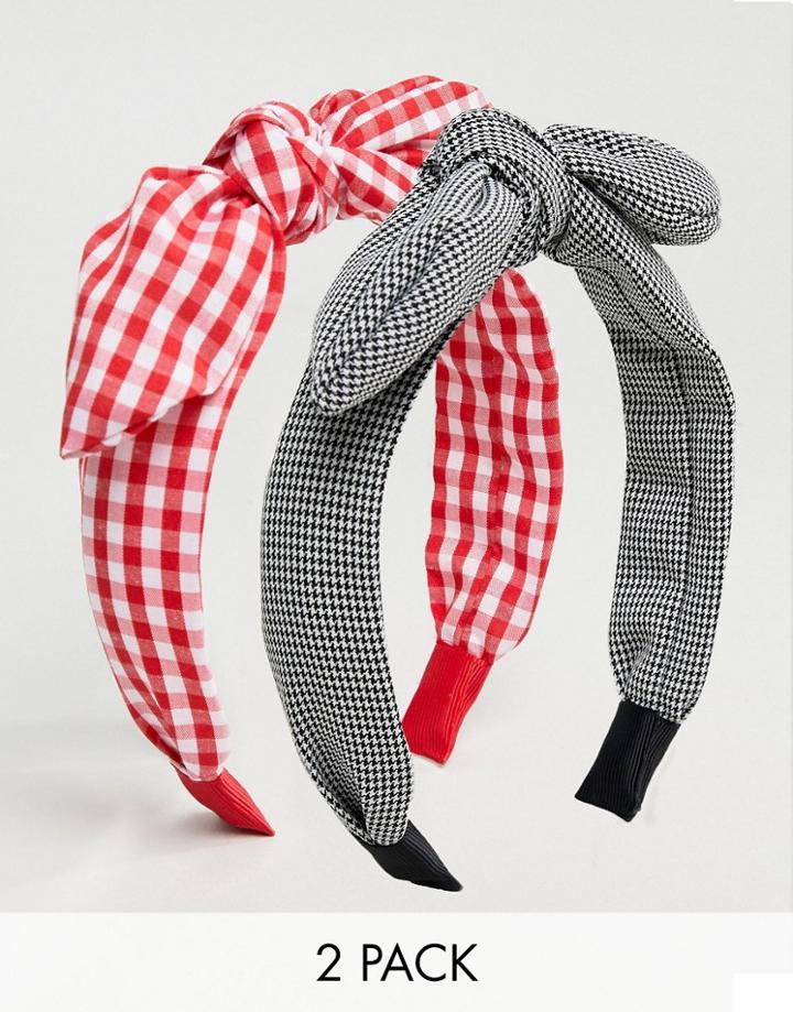 Asos Design Pack Of 2 Headbands In Mono Houndstooth And Red Gingham Print - Multi