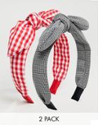 Asos Design Pack Of 2 Headbands In Mono Houndstooth And Red Gingham Print - Multi