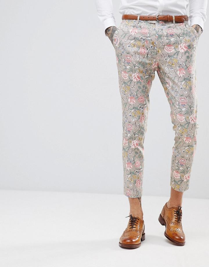 Gianni Feraud Skinny Fit Linen Blend Floral Suit Pants - Stone