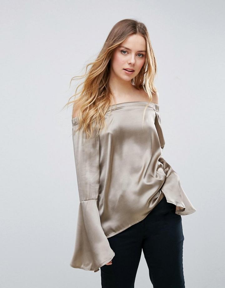 Neon Rose Satin Bardot Fluted Sleeve Top - Silver