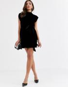 Asos Design Split Sleeve Mini Dress With Obi Belt In Velvet-black
